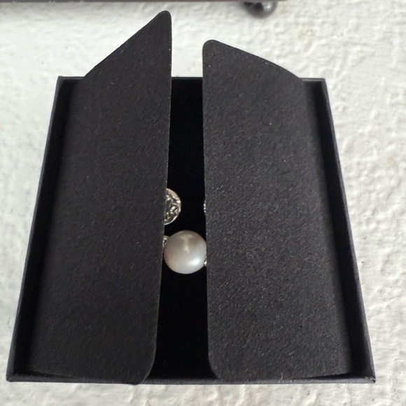 Silver Disc and White Pearl Earrings - Picture 7 of 7